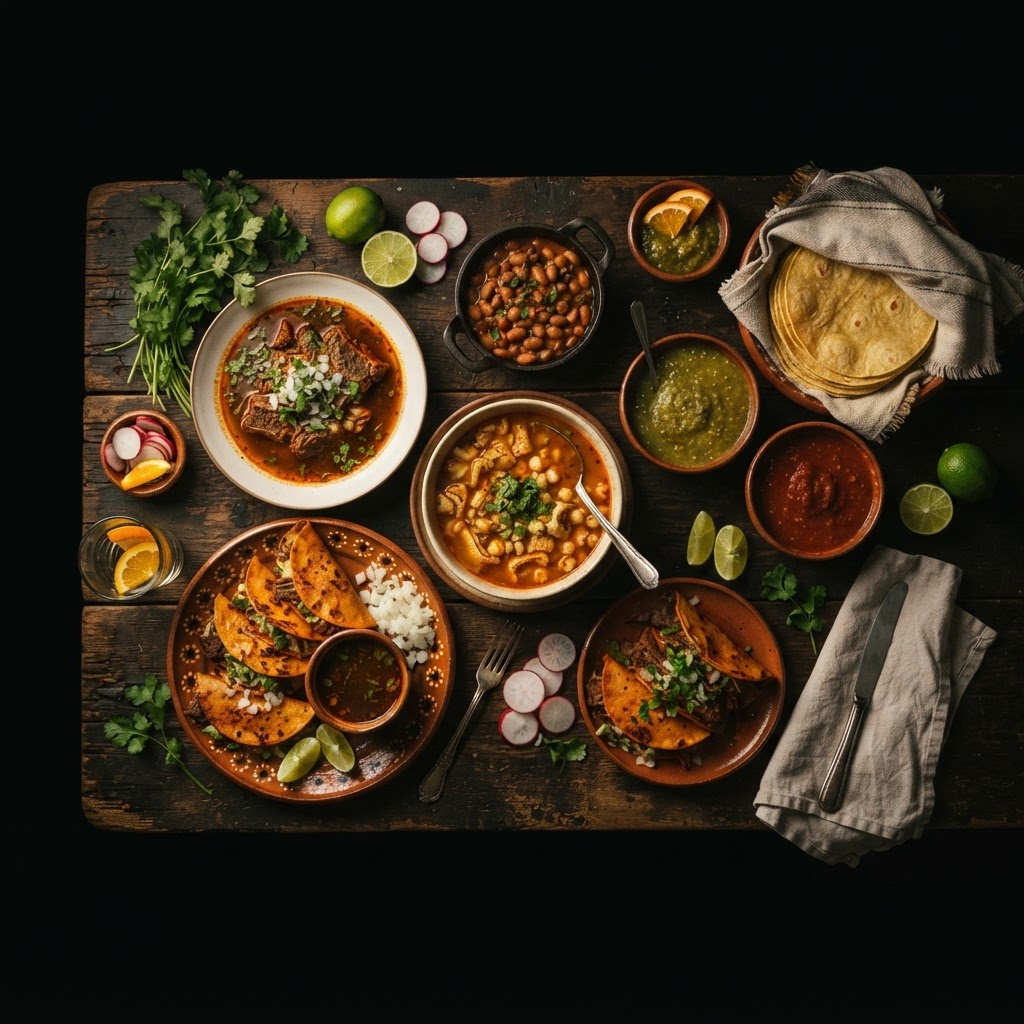 A dark, moody spread of tacos, birria, menudo and charro beans