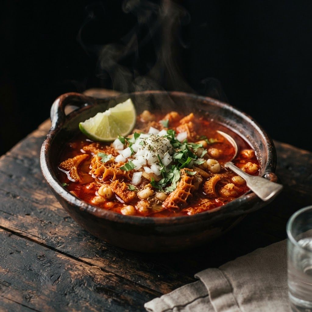 A steaming bowl of homemade menudo made from scratch