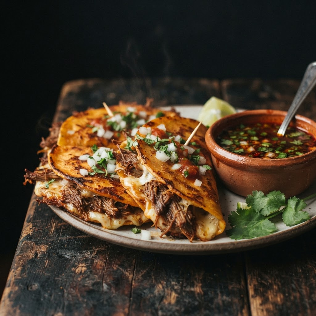 Crispy queso birria tacos with consommé